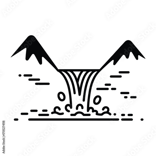 Stylized waterfall descending between mountain peaks