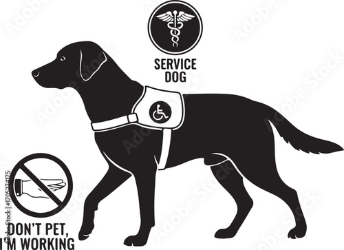 Black Service Dog Illustration with 'Don't Pet, I'm Working' Message and Medical Symbols