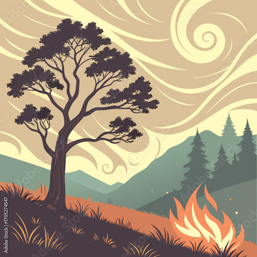 Vector illustration of a forest landscape with trees and wildfire flames, symbolizing nature disaster, climate change, environmental danger and global warming impact.