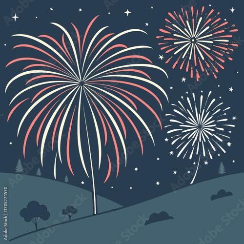 Vector illustration of colorful fireworks exploding in night sky over landscape, symbolizing festival, holiday celebration, party event and festive atmosphere.