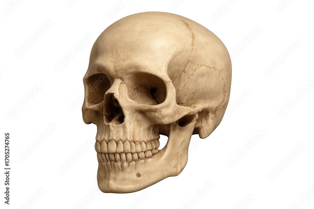 Fototapeta premium Realistic human skull isolated on transparent background, evoking themes of mortality, halloween, and the macabre