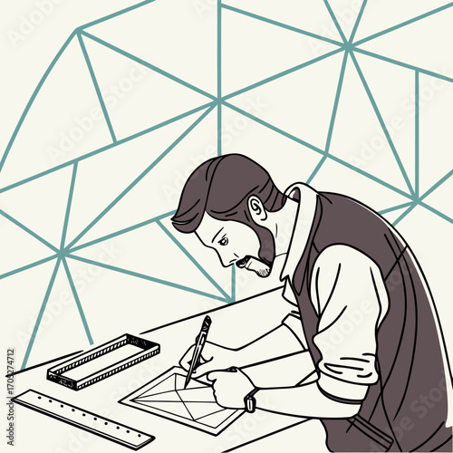Black and white line art illustration of an architect working on a design sketch with ruler and tools. Perfect for architecture, engineering, drafting, construction, and creative design projects.
