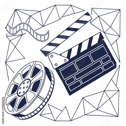 Black and white line art illustration of a film reel and clapperboard with geometric design. Perfect for cinema, movie production, filmmaking, media, and entertainment vector projects.