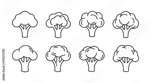 Collection of eight stylized broccoli florets in a simple outline silhouette