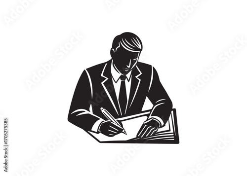 Serious Businessman Reviewing Documents; Monochrome Vector Illustration; Corporate, Professional Style.