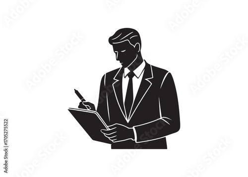 Serious Businessman Reviewing Documents; Monochrome Vector Illustration; Corporate, Professional Style.