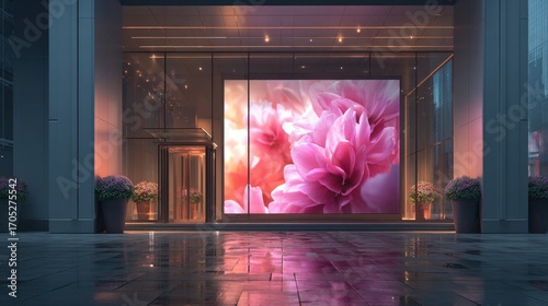 Large pink flower displayed in glass door with store entrance led advertising panel mockup photorealistic image