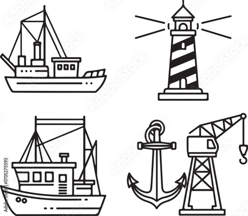 Marine and Nautical Icons Set: Fishing Boats, Lighthouse, Anchor, and Crane