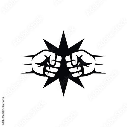Two fists clenched together with starburst background