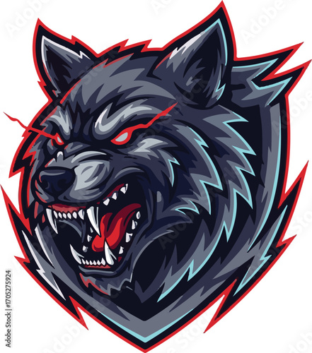 Aggressive Wolf Head Mascot with Roaring Expression and Glowing Red Eyes