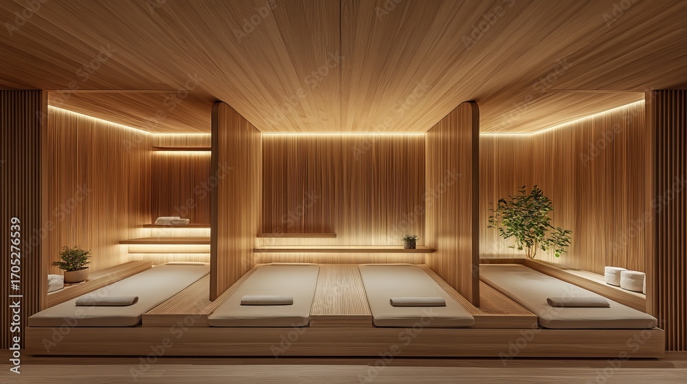 Fototapeta premium Serene spa interior with wooden beds, walls, and soft lighting, creating a calming atmosphere