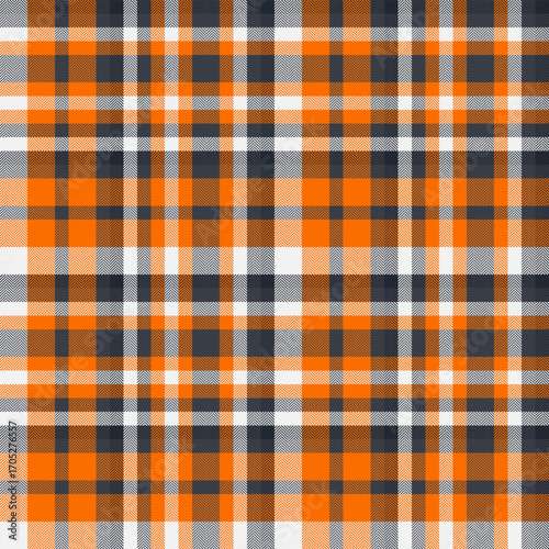 Detailed plaid pattern in orange, gray, and white. A classic textile design suitable for backgrounds, fabric design, apparel, and creative projects requiring a cozy or autumnal feel.