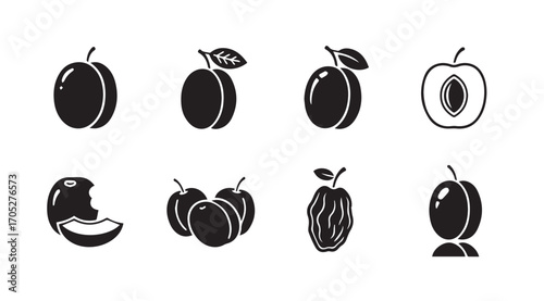 Collection of various plum illustrations in a distinct black and white silhouette style