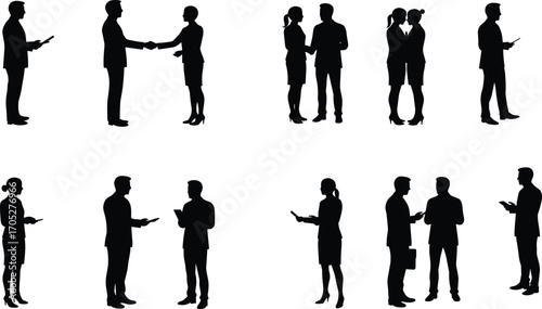 Business people silhouettes shaking hands, talking, using tablet and laptop, professional men and women in formal wear vector set