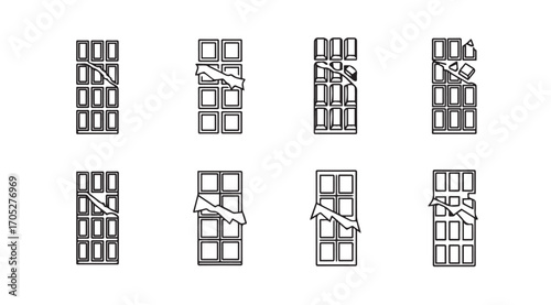 Eight vertical rectangular silhouettes of stacked wooden pallets with cargo