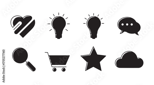 Collection of purple abstract icons including a heart light bulbs search cart star and cloud silhouette