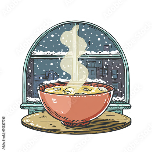 Steaming hot soup bowl by snowy window in retro vintage sticker illustration