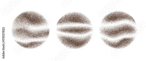Grounded coffee powder gradient wave splashes on round shapes. Cocoa noise dust dynamic elements decoration. Abstract dark brown dotwork particles texture. Chocolate spray dots. Stipple vector emblem.