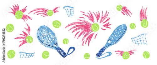 Padel tennis crayon textured set. Rackets and balls, net hand drawn doodle isolated on white background. Scribble sport equipment kids elements. Vector fitness and hobby illustration by pencil.