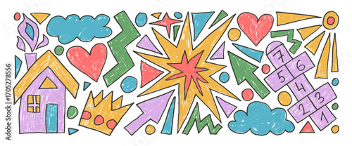 Kids elements crayon drawn set. Hand drawn house, hopscotch game, sun and clouds doodle shapes on white background. Kindergarten naive chalk figures. Vector childish scribble illustration by pencil.