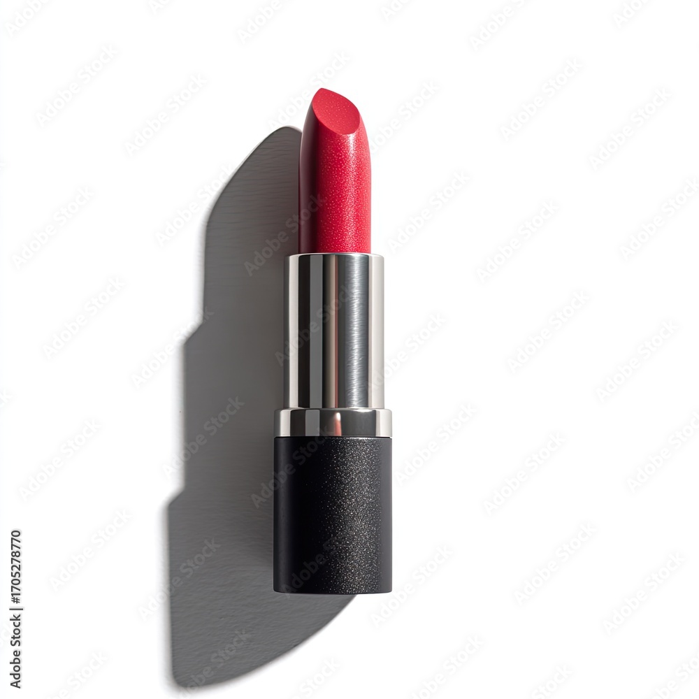 Obraz premium Single lipstick tube, matte black casing, vibrant crimson bullet, cast shadow on white background