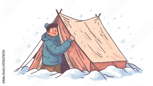 Happy person standing beside a set up tent in a snowy winter scene.