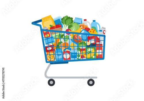A blue shopping cart overflowing with groceries