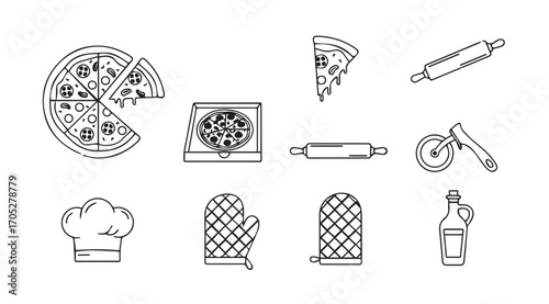 Collection of hand drawn pizza making and cooking utensil icons silhouette