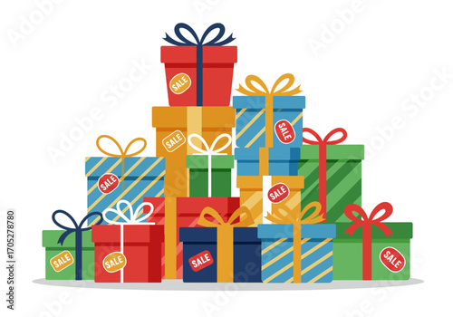 A colorful stack of gift boxes with sale stickers tied with different colored ribbons