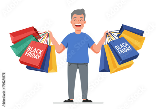 A man beams arms full of shopping bags marked Black Friday