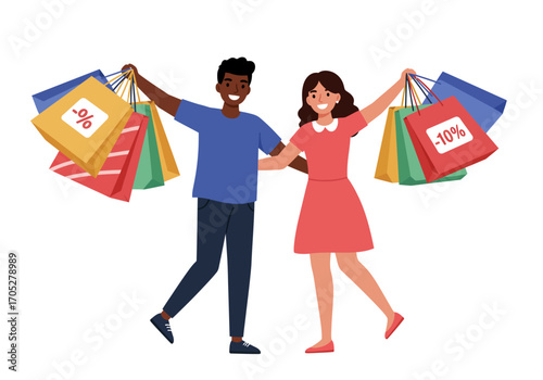 A man  woman arms raised hold shopping bags One bag has a  other bag has 10
