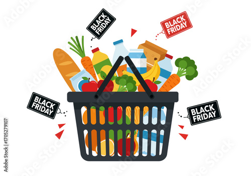 A shopping basket filled with groceries surrounded by Black Friday sale tags