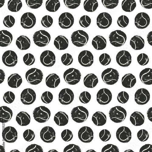 Paddle tennis balls black charcoal seamless pattern. Tennis ball shot endless background. Sport polka dots repeat cover. Surface pattern fitness motif. Vector hand drawn monochrome illustration.