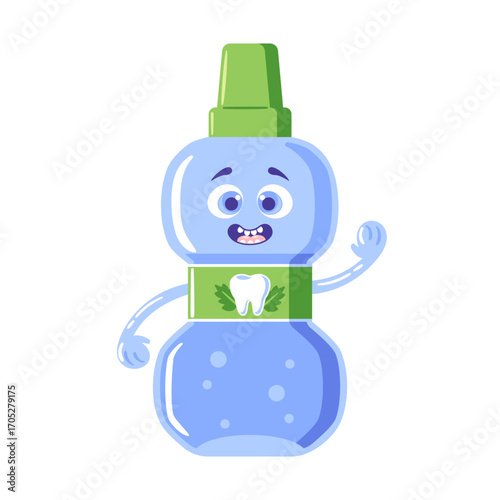 A cute kawaii mint mouthwash character with bright eyes and a joyful expression. fresh mint leaves and bubbles, promoting freshness and fun in oral care. Perfect for health products.
