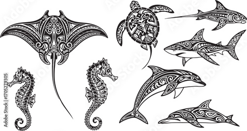 Polynesian Style Ocean Animals Vector Set
