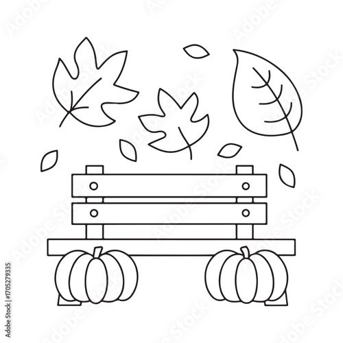 Line art illustration of a park bench with pumpkins and falling autumn leaves Keywords: autumn, fall, leaves, pumpkins, bench, park, season, nature, outdoor, harvest, decoration, october, november