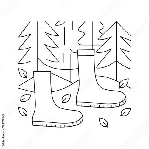 Line art illustration of rubber boots in a forest with falling leaves Keywords: autumn, boots, forest, trees, leaves, fall, nature, outdoor, walking, weather, rain, mud, season, footwear, rubber