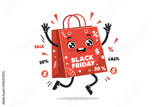 Animated red bag with arms legs and face displaying Black Friday and discount symbols on a white background