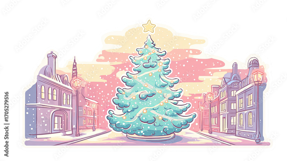 Naklejka premium Retro Christmas Town Illustration with Glowing Tree and Snowfall