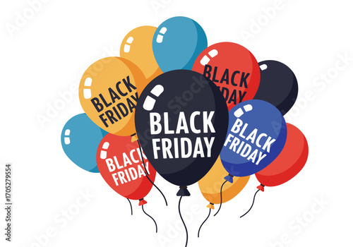 Balloons in blue yellow red and black decorated with Black Friday texts are set against a white background