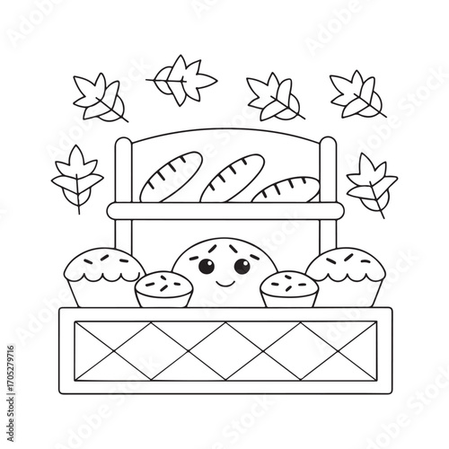 Cute cartoon bakery stand with bread pies and autumn leaves muffins