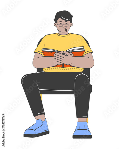 Relaxed arab man sitting on chair and reading book 2D doodle character. Middle eastern male reader in glasses cartoon person vector drawing isolated on white. Hand drawn illustration colorful