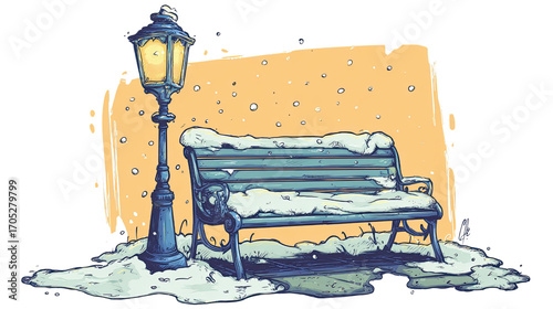 Whimsical retro illustration of a snowy park bench and old streetlamp.