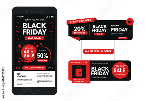 Black Friday sale ads on a smartphone and detached banners with varying designs  text