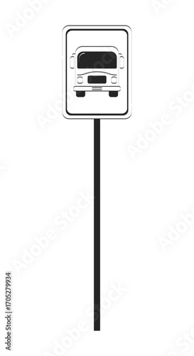 Bus stop sign on black pole doodle linear object. Road sign busstop transit. Public transportation pickup point 2D vector outline clip art drawing isolated on white. Hand drawn sketch illustration