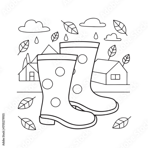Pair of polka dot rain boots with houses and falling leaves wellington boots footwear