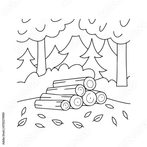 Stack of firewood in a forest with fallen leaves and trees logs timber
