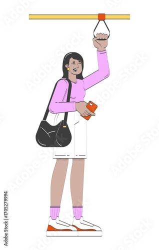 Young indian woman holding grab handle and smartphone on public transport 2D doodle character. Modern commuter hanging strap cartoon person vector drawing isolated on white. Hand drawn illustration