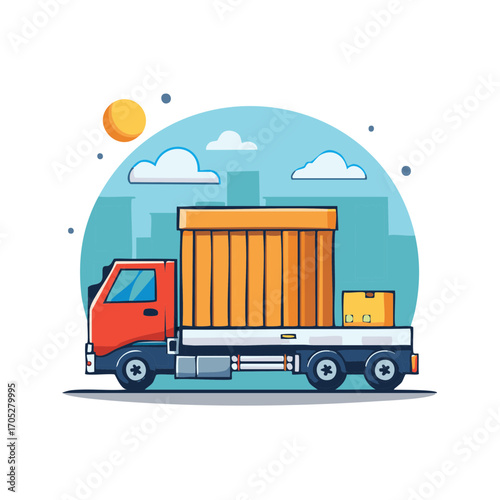 Delivery truck illustration delivering cargo boxes to city, transportation logistics concept.