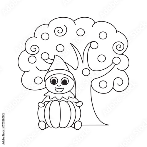 Whimsical cartoon elf character sitting under a stylized fruit tree with swirling branches and round fruits in black and white outline